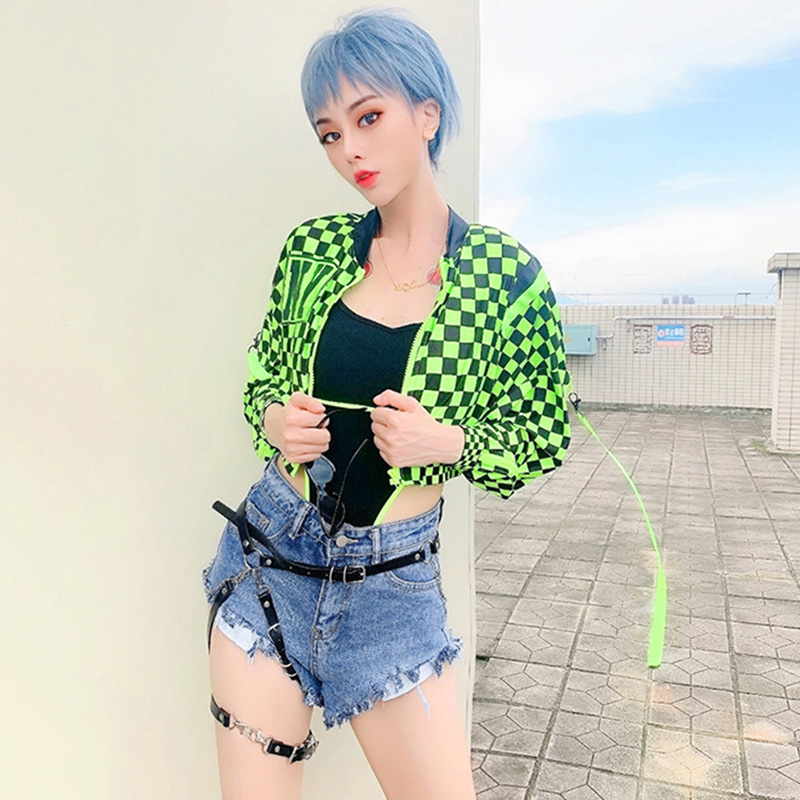 New Stage Costumes For Singers Fluorescent Green Plaid Jacket Women Jazz Performance Clothing Nightclub Hip Hop Wear DN6066