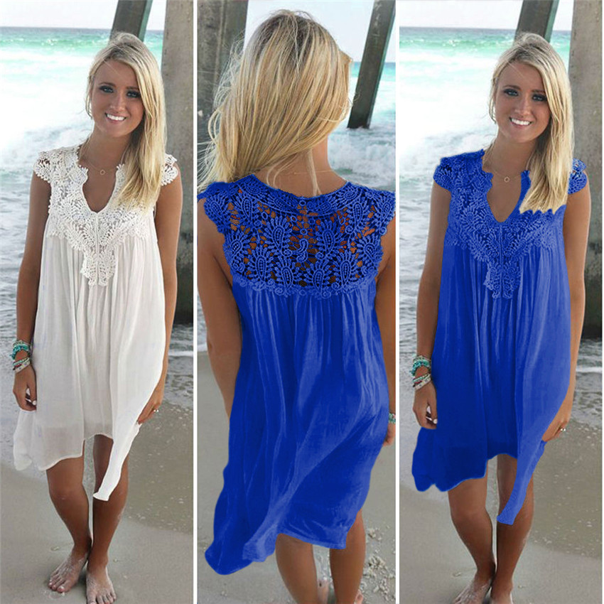 Summer Women Dress Sleeveless Womens Loose Beach Lace Dress High Quality Dresses 8 color plus size casual mini Vestidos