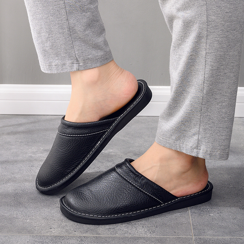 Men's Odor-resistant Leather Slippers Home Non-slip Couple Shoes Plus size 45 46 House Slippers for Men 2021 Spring Indoor Shoes
