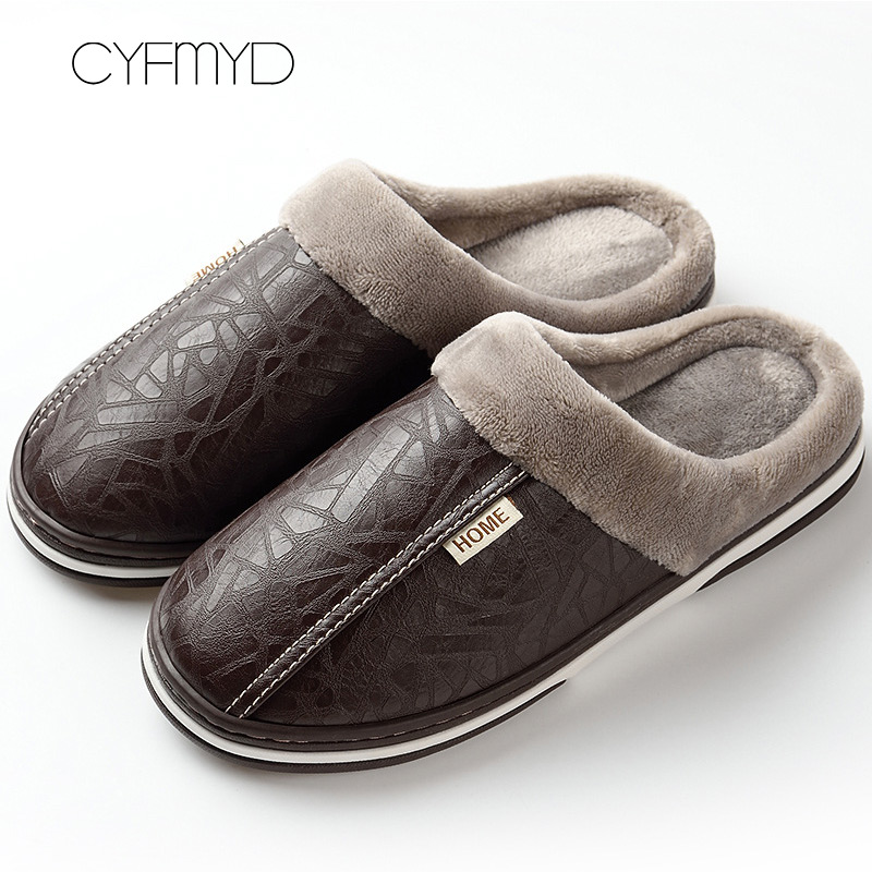 Men slippers leather Home slippers for men Waterproof Warm House slippers Male Fur Slippers Couple Platform Fluffy Big Size 50