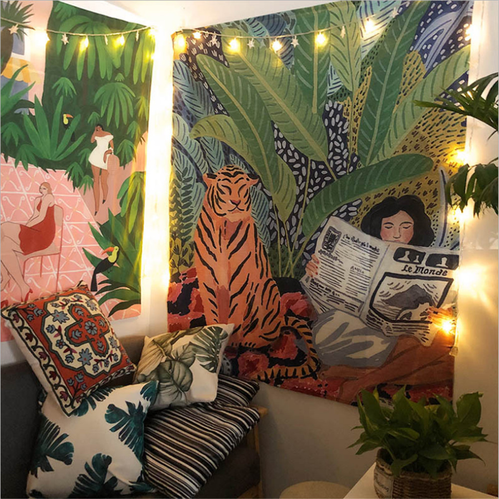 LUCKYYJ Animal Series Design Nordic INS Tapestry Background Cloth Bohemian Decorative Wall Covering Jungle Tiger Girl Tapestry