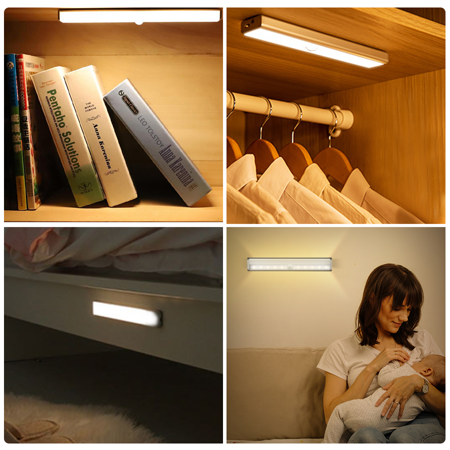 10 LEDs Light Closet Motion Sensor Lights for Kitchen Cupboard Wardrobe Stairs Cabinet Sticky Magnetic USB/AAA battery Powered