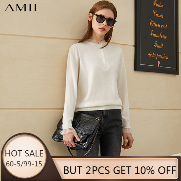 Amii Minimalism Winter Fashion 100%wool Sweaters For Women Causal Lace Patchwork Slim Fit Sweater Female Pullover Tops 12070631