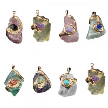 Gemstone Crystal Raw Rock Rough Irregular Shape Pendant Natural Stone Gold Plated Charm Pendant for DIY Jewelry Making