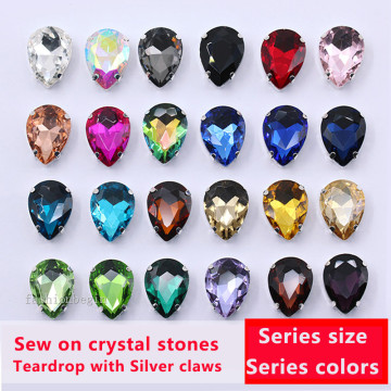 All-size Teardrop 24-Color glass stone sew on crystal rhinestone diamantes for sewing silver claw DIY craft Clothing accessories