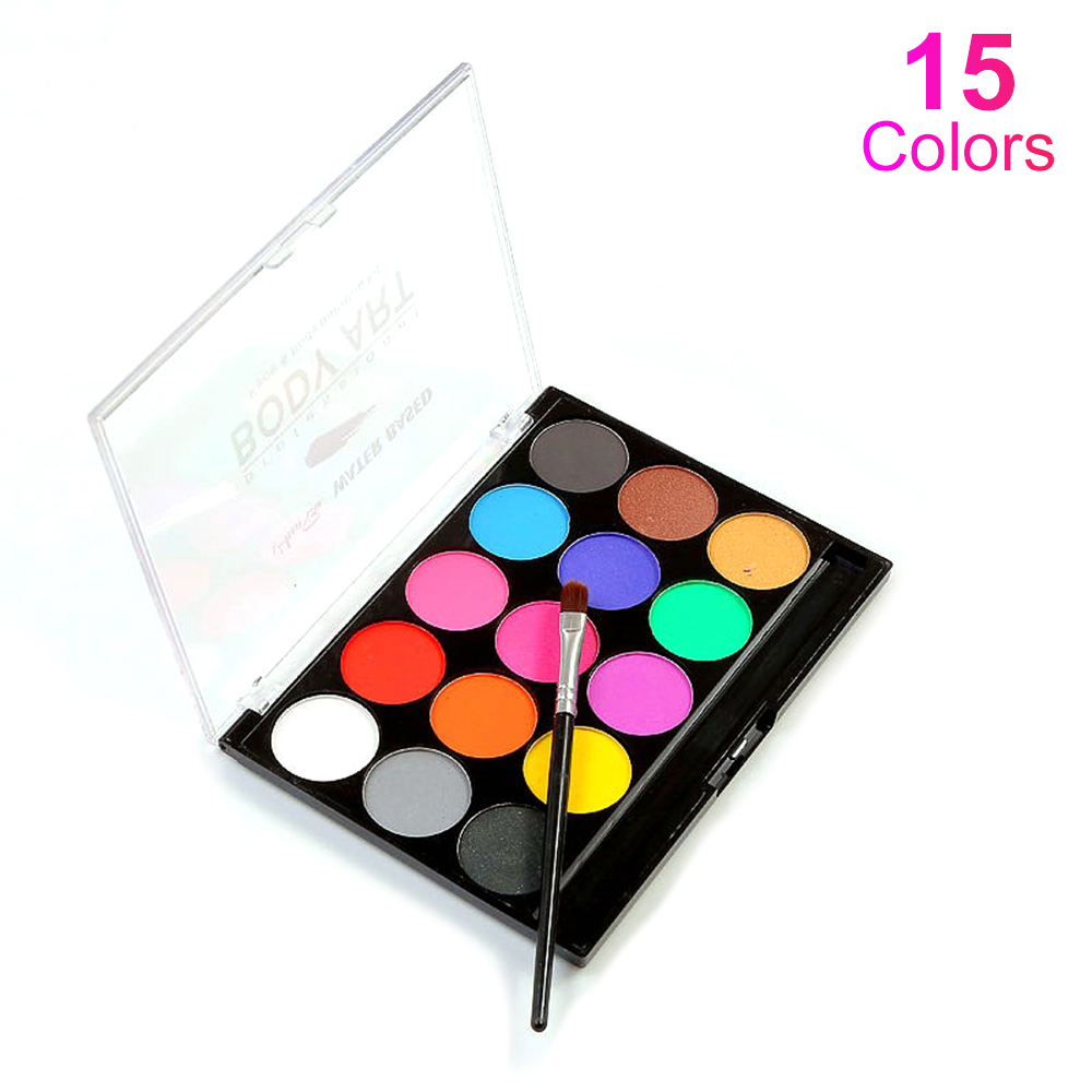 15 Colors Face Body Painting Professional Water Based Glow Paint Non-Toxic with 2 Paintbrush for Makeup Party Art Supplies