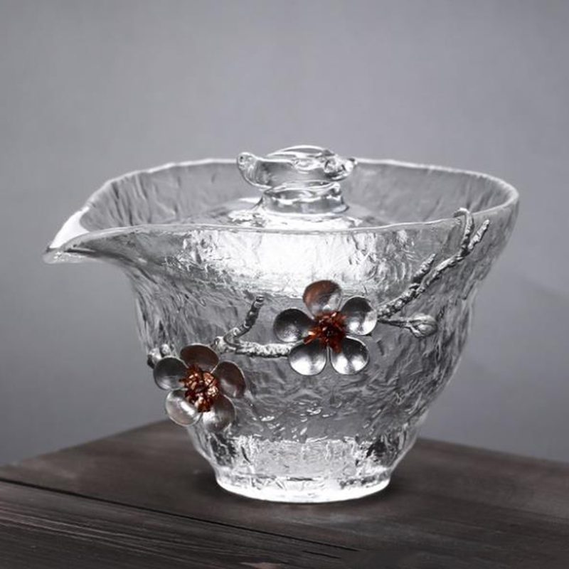 Glass Tea Bowl Silver Flower Decor Gaiwan 150ml Kung Fu Tea Set Master Cup Lid Kit Teaware Drinkware Holder Tea Tureen Crafts