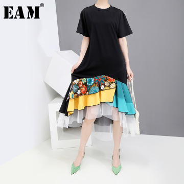 [EAM] 2021 New Spring Summer Round Neck Short Sleeve Black Hem Pattern Printed Mesh Temperament Loose Dress Women Fashion JW787