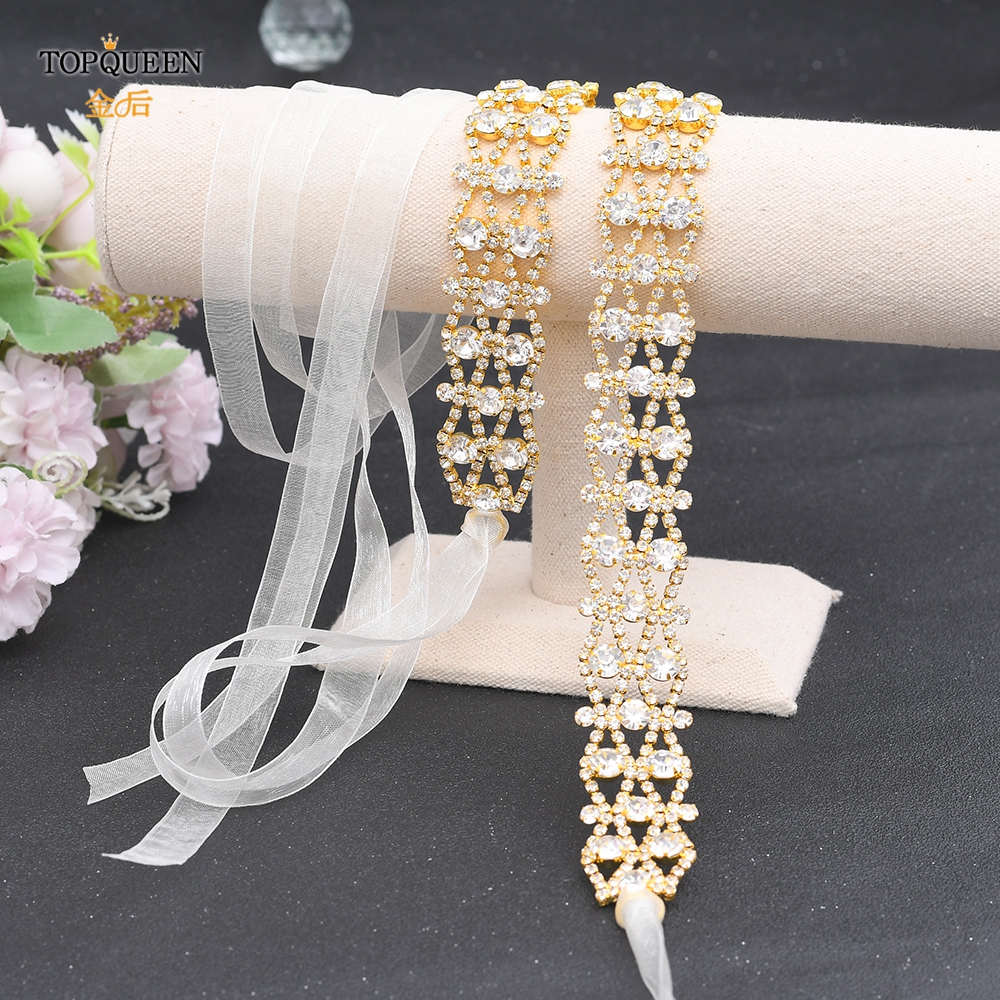 TOPQUEEN S414-G Golden Wedding Belt Diamond Handmade Rhinestone Belt Gold Bridal Belt for Women Alloy Sash Faja for Dress Belt