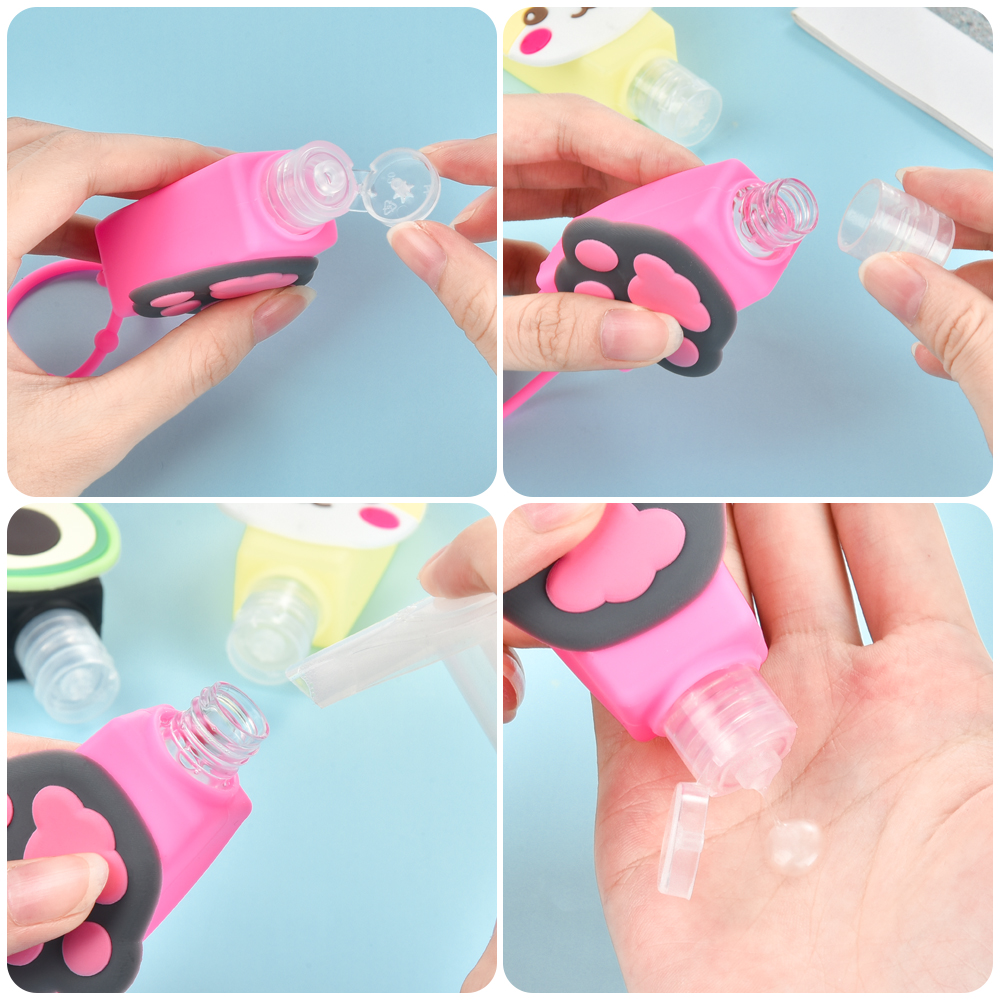 6pcs Cute Cartoon Mini Hand Sanitizer Bottle with Bag Silicone Refillable Hand Gel Holder Detachable Cover Liquid Soap Dispenser