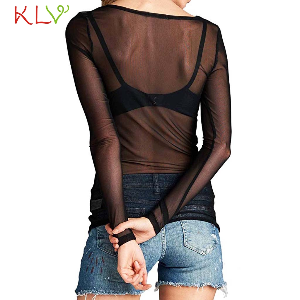 Mesh Top Women T Shirt Sexy See Through Net Sheer Black Transparent Crop Long Tops Undershirt Camisas Femininas Clubwear 18Jan10