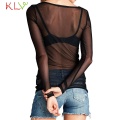 Mesh Top Women T Shirt Sexy See Through Net Sheer Black Transparent Crop Long Tops Undershirt Camisas Femininas Clubwear 18Jan10