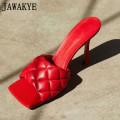 JAWAKYE Square toe Leather High heel Slippers Women Rhombus Madame High heel Shoes Woman Purple coffee red Sexy lady Mules Clogs