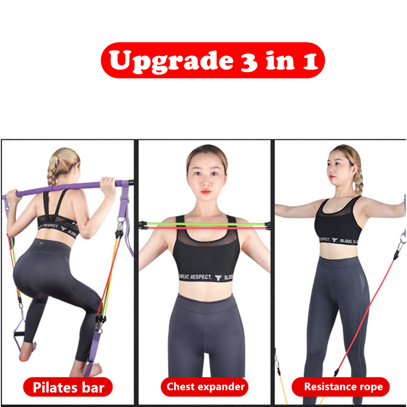 100LB Multifunctional Pilates Bar Set Portable Yoga Exerciser Resistance Band Stretching Training Home Gym Fitness Equipment