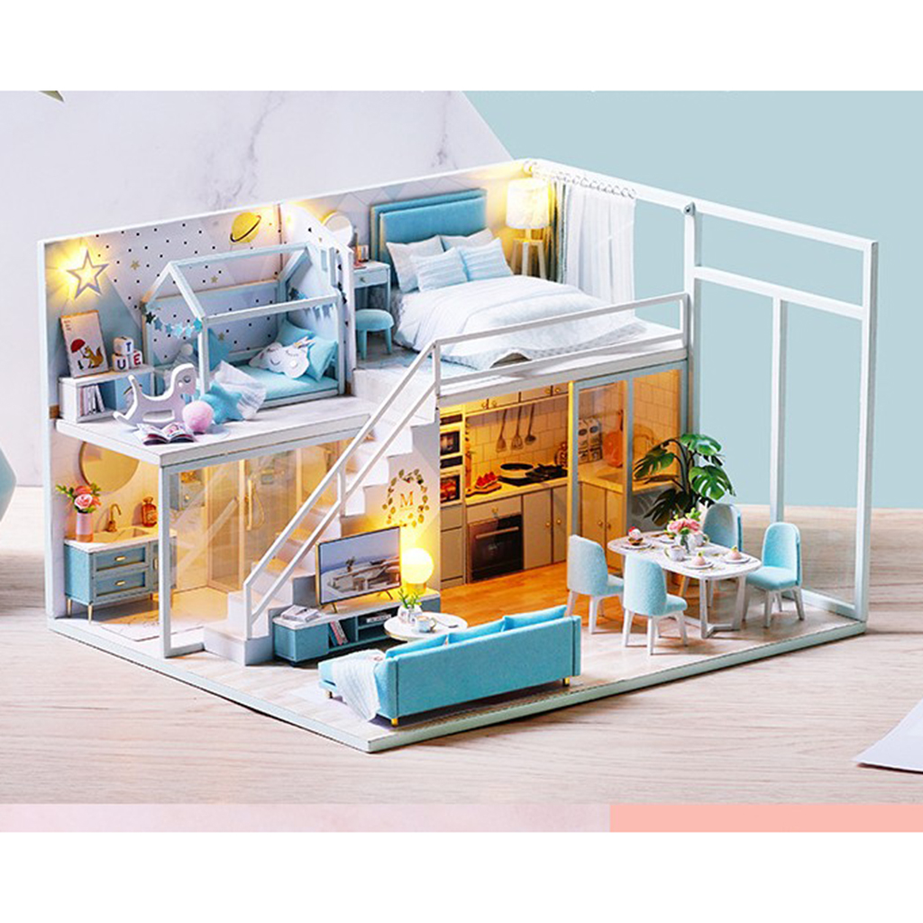 DIY Miniature Dollhouse Kit - 1:24 Scale Doll House Blue Apartment W/ Lights