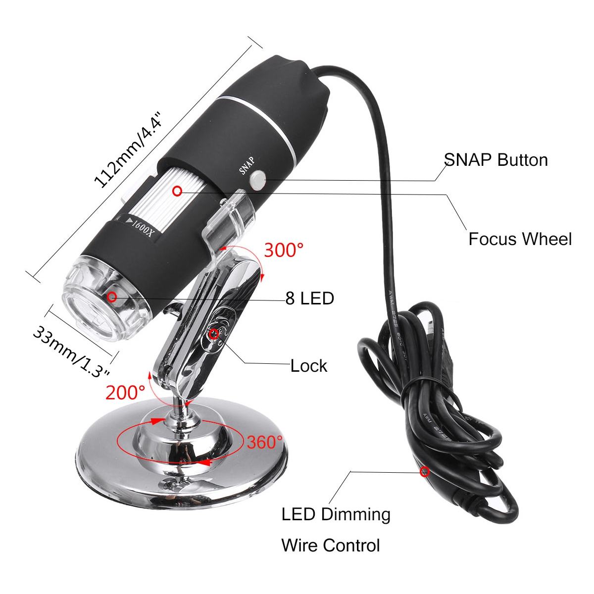 1600X 1000X USB Digital Microscope Camera Endoscope 8LED Magnifier with Metal Stand