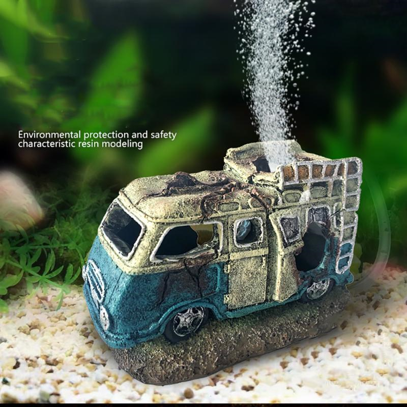Bus Car Shape Aquarium Fish Tank Landscaping Ornament Resin Artificial Medium Bus Sightseeing Bus Aquarium Decorations Miniature