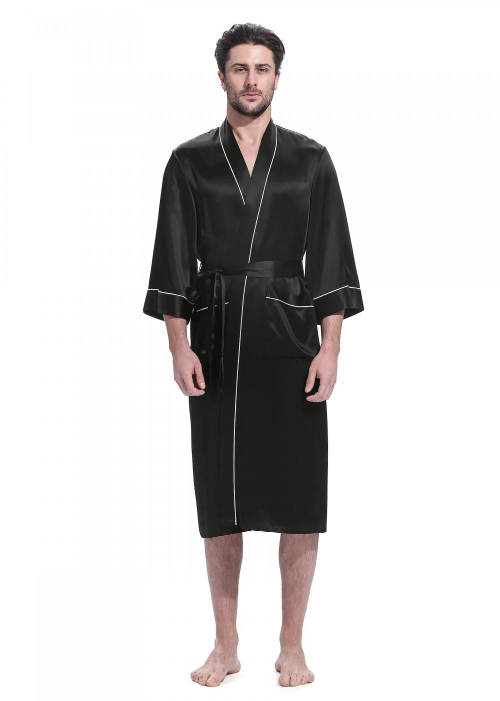 19 Momme Kimono Men's Sleepwear Silk Robe with Piping Pure Color Long Kimono Bathrobes Soft Nightgown