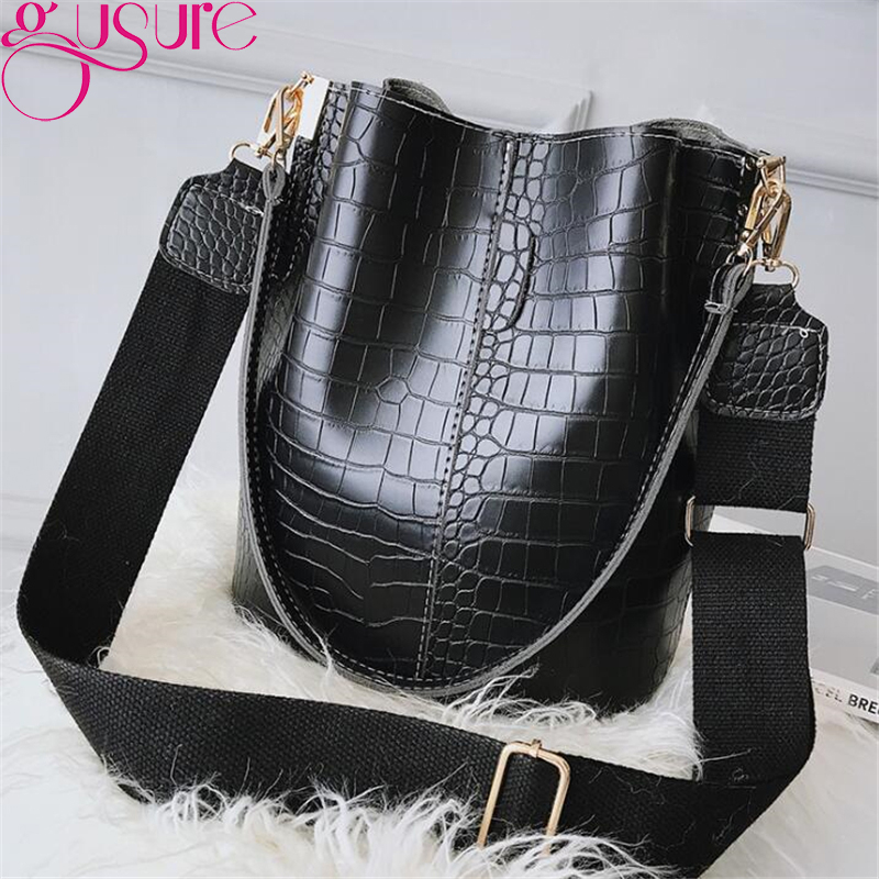 Gusure Retro Bucket Bags Women Pattern Handbag High Capacity Casual Crocodile Shoulder Messenger Bags Ladies PU Purse
