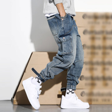 Japanese Style Fashion Men Jeans Retro Blue Loose Fit High Quality Cargo Pants Harem Trousers Streetwear Hip Hop Jeans Men