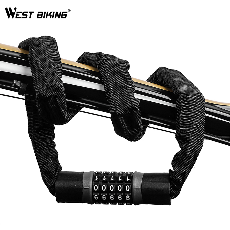 WEST BIKING Long Safty Chain Lock For Bike Anti-theft Steel Password Code Motorcycle Lock Cycling Electric Bicycle Accoessories
