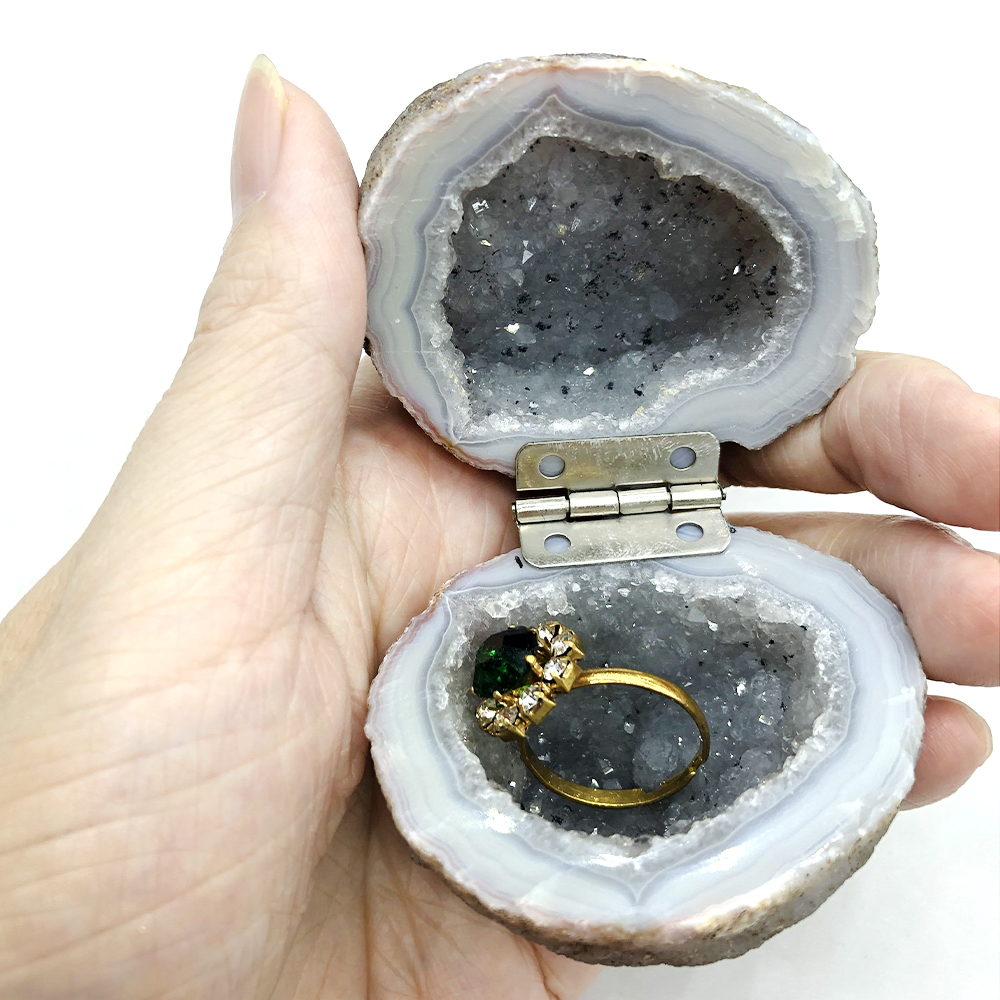 Natural Handmade Agate Geode Ring Box Rough Agate Cornucopia Quartz Crystal Cluster Healing Crystal Stone Women Jewelry Gift