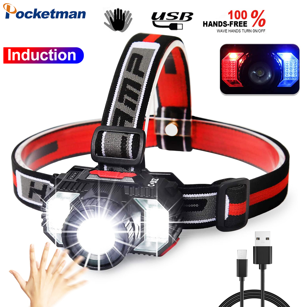 Most Powerful Headlamp LED Rechargeable 8000LM Work Light COB with IR Sensor Camping Waterproof-Best Head Lamp built-in battery