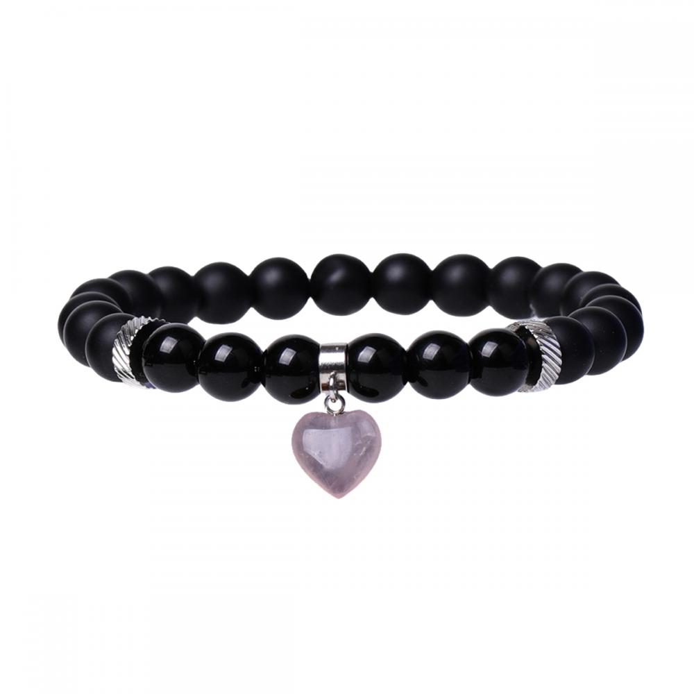 8MM Black Matte Onyx Round Beads With 15MM Gemstone Heart Charm Pendant Bracelet Crystal Beads Stretch Bracelet for Women Men