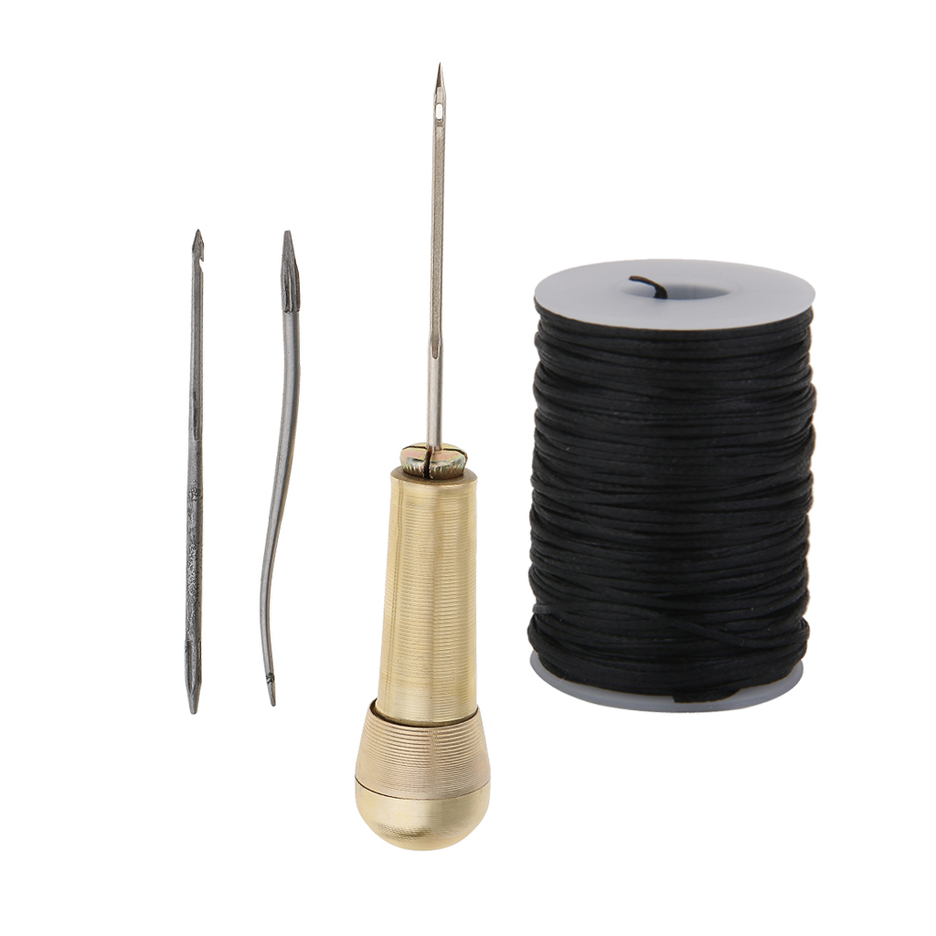 Sewing Awl Hand Stitcher with 1.2mm Black Flat Waxed Line Thread for Leather Craft Shoes Repair