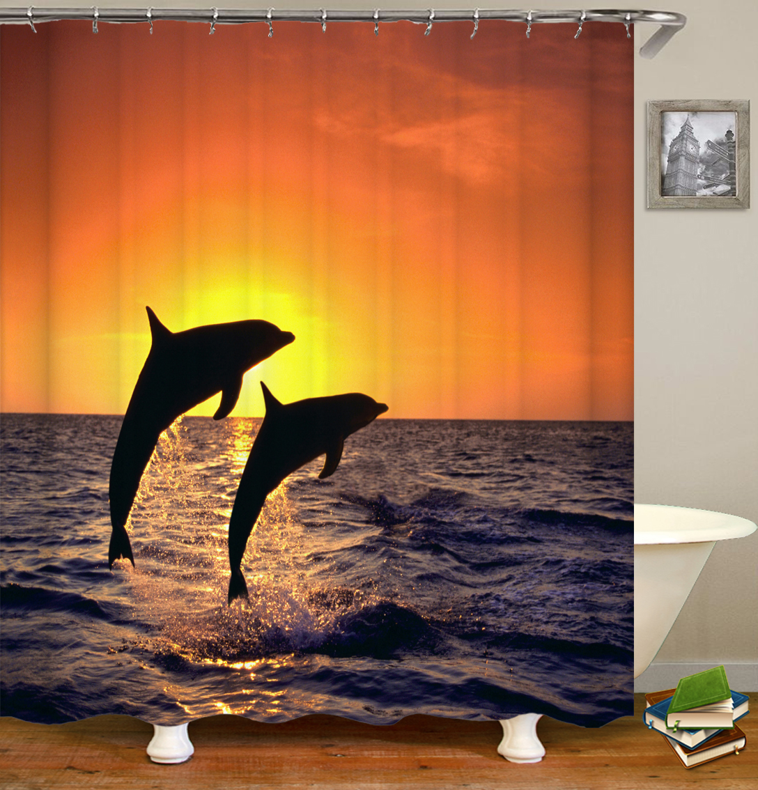 Sunlight Ocean Beach Fabric Shower Curtain Bathroom Curtains Sunset Dusk Sea Animal Dolphin Bath Screen with 12 Hooks