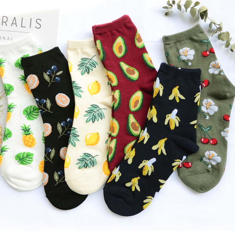 Korean Fresh Harajuku Fruits Sock Women Funny Animal Flamingos Lemon Pineapple Cherry Blueberry Gardenias Calcetines Mujer