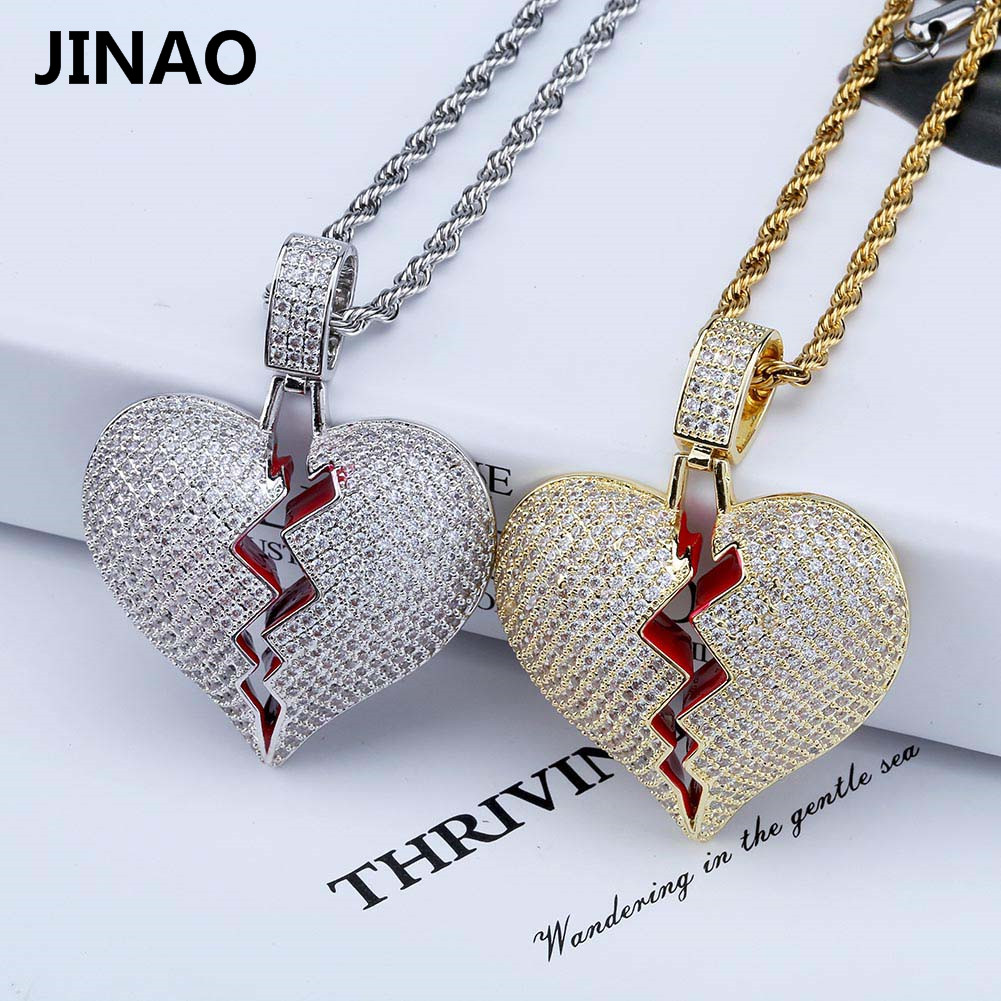 Iced Out Red Heart Necklace & Pendant With 4mm Tennis Chain Gold Silver Color Cubic Zircon Men's Women Hip hop Jewelry For Gifts