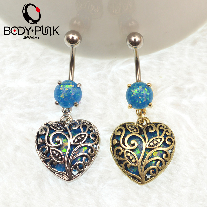 BODY PUNK BlueOpal Heart-shaped Stainless Steel Belly Button Ring Body Piercing Jewelry Fashion Summer Style