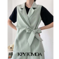 KPYTOMOA Women 2020 Fashion With Bow Tied Office Wear Wrap Vest Coat Vintage Notched Collar Sleeveless Female Waistcoat Chic Top