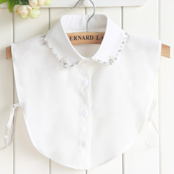 Linbaiway Women's Chiffon Fake Collar Solid Shirt Beads White False Collar Ladies Lapel Shirt Blouse Top Detachable Collar