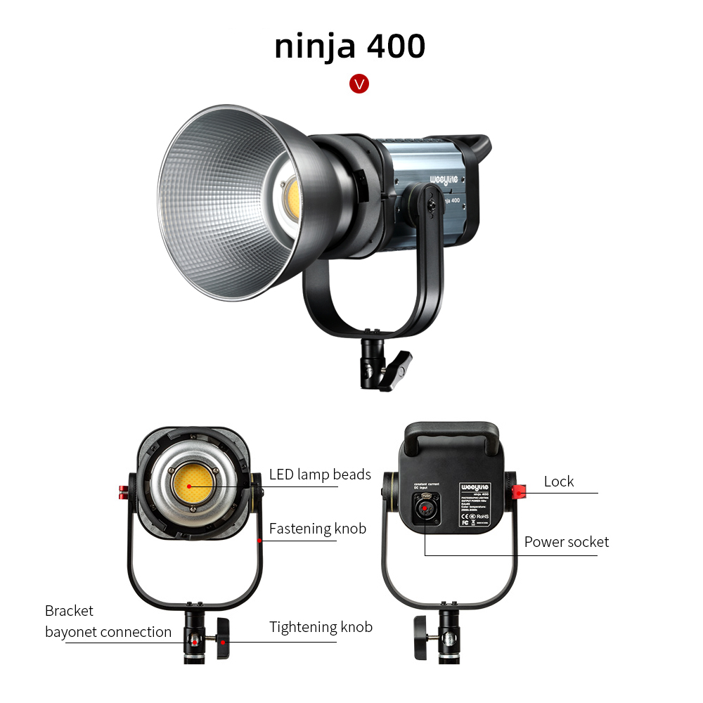 Weeylite ninja400 150W Bi-color 2500k-8500k LCD Panel LED Video Light Continuous Output Bowens Mount Studio Light App Control