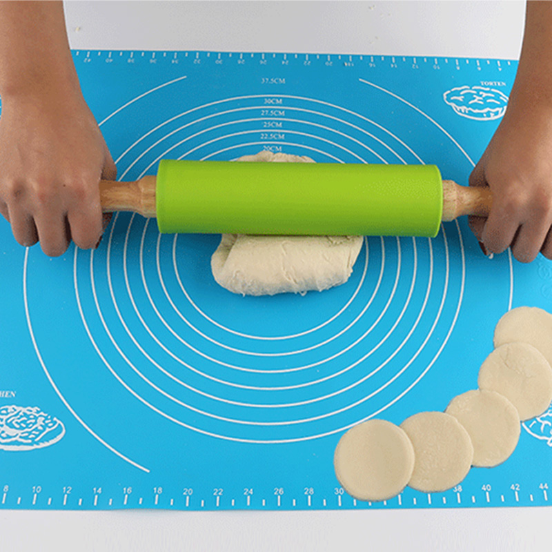 Non-Stick Wooden Handle Silicone Rolling Pin Pastry Dough Flour Roller Kitchen Baking Cooking Tools Household