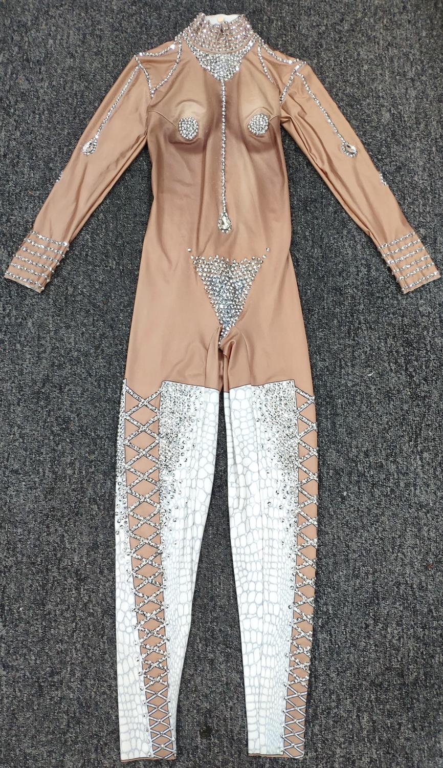 Sexy nude Jumpsuit Women Sparkly Rhinestone Dress Dance Costume Stage Performance Wear Female Singer One Piece Nightclub Outfit