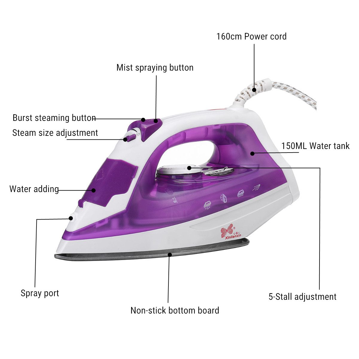 150ML Electric Irons 5 Levels Adjustable Garment Steam Irons Portable Ironing Steamer Clothing Laundry Appliance 1600W 220V