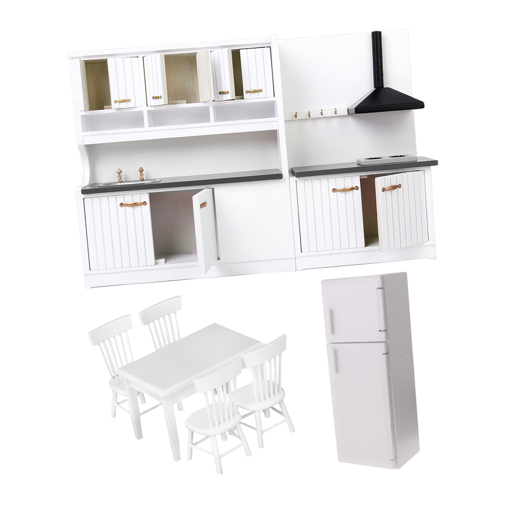 1/12 Doll House Miniatures Kitchen Dining Room Furnitures Fridge Refrigerators Table Chair Model Kids Gift