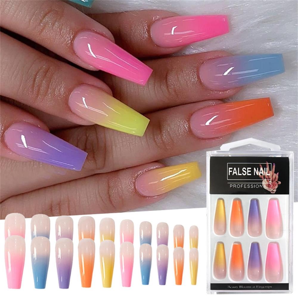 20Pcs/Set Acrylic Long Coffin Fake Nails European Rainbow Ballerina Full Cover Nail Art Tips Color Beauty Artificial False Nails