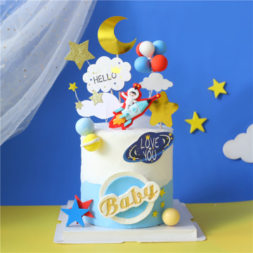 Moon Cloud Star Astronaut Baby Happy Birthday Cake Topper Boy's Birthday Party Decoration Supplies Lovely Gifts