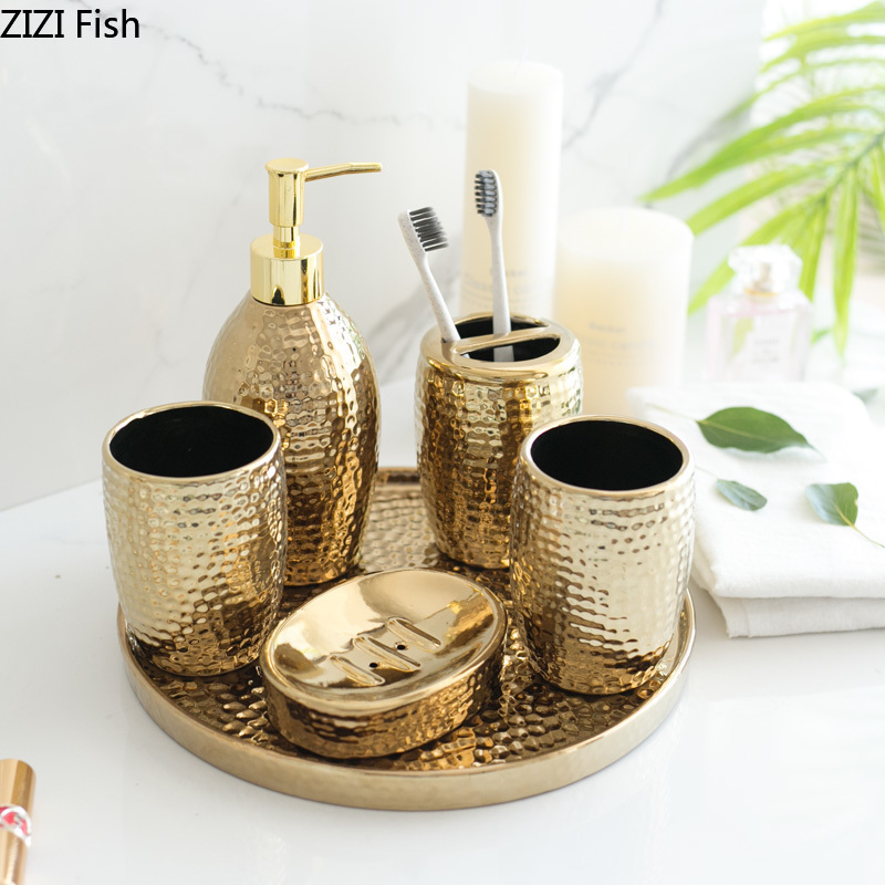 Bathroom Set Golden Relief Ceramic Shower Gel Bottle Hand Washing Fluid Bottle Soap Dishes Mouthwash Cup Toothpaste Holder