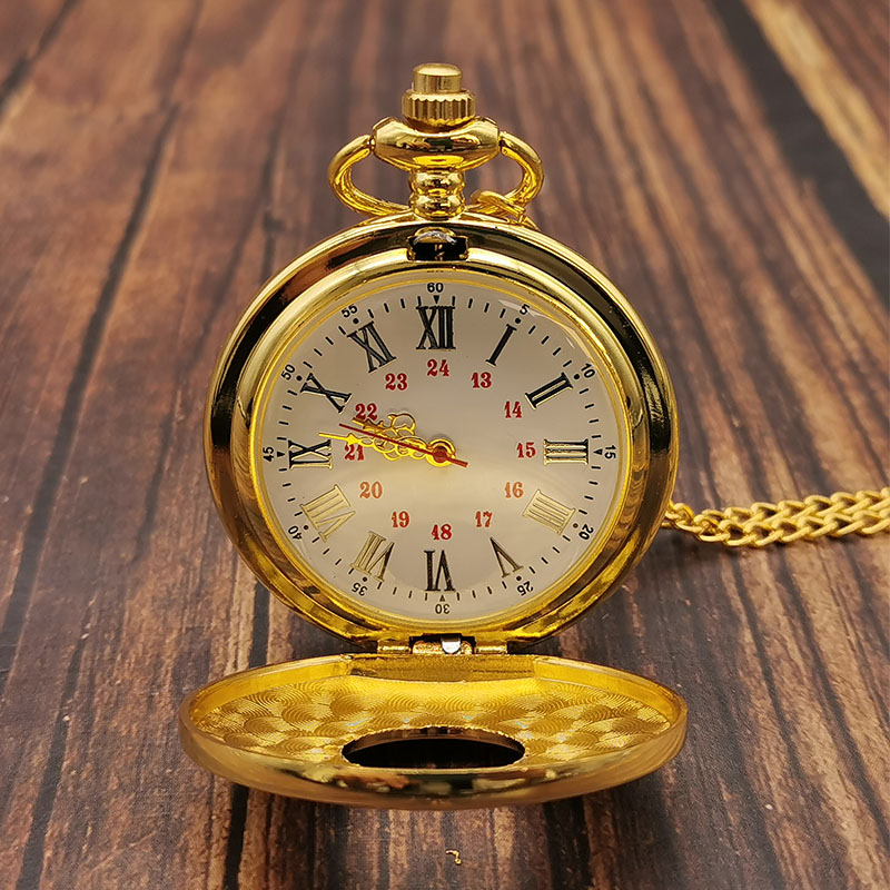 Classic Vintage Gold Quartz Pocket Watch Chain Roman Numerals Unisex Hollow Case Vintage Pendant Necklace Women Men Gifts