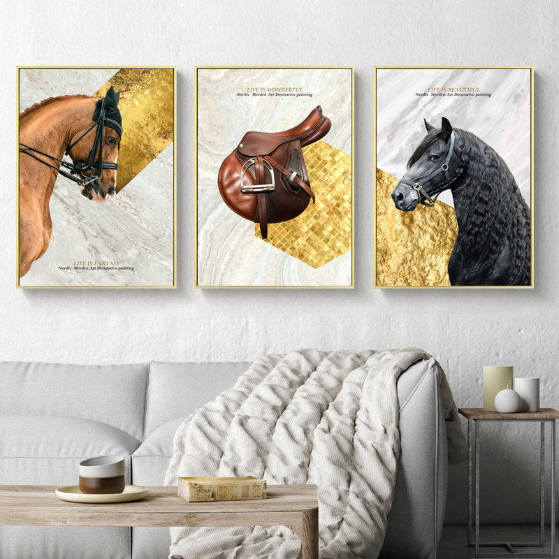 Horse Animal Picture Luxury Home Decor Nordic Canvas Painting Wall Art Print Minimalist Gold Marble Decor Poster for Living Room