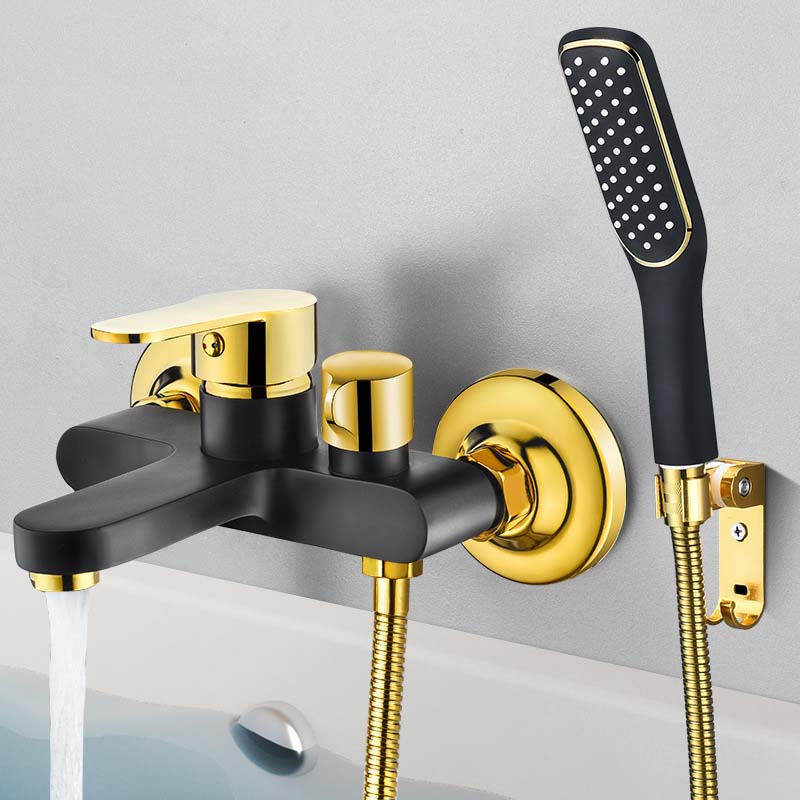 Bathtub Shower Set Wall Mounted Gold and White Bathtub Faucet, Bathroom Black gold Cold and Hot Bath and Shower Mixer Taps Brass