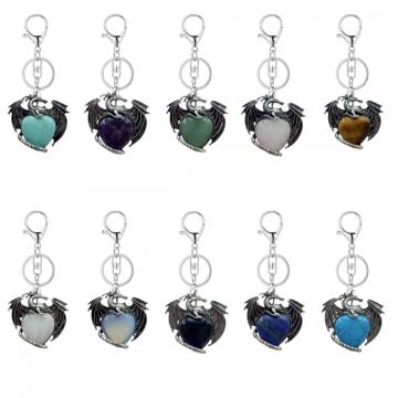 Gemstone Crystal Heart Alloy Wings Dragon & Pterosaur Stone Key Chains Natural Quartz Dragon Charm Key Ring Anniversary Gift