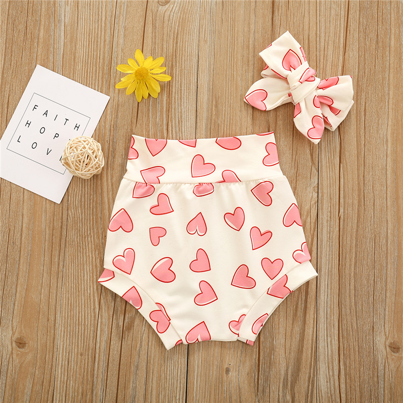 Summer Kids Boys Girls Shorts Floral Heart Rainbow Print Baby Girl Shorts Cotton Shorts Fashion Newborn Bloomers with Headband