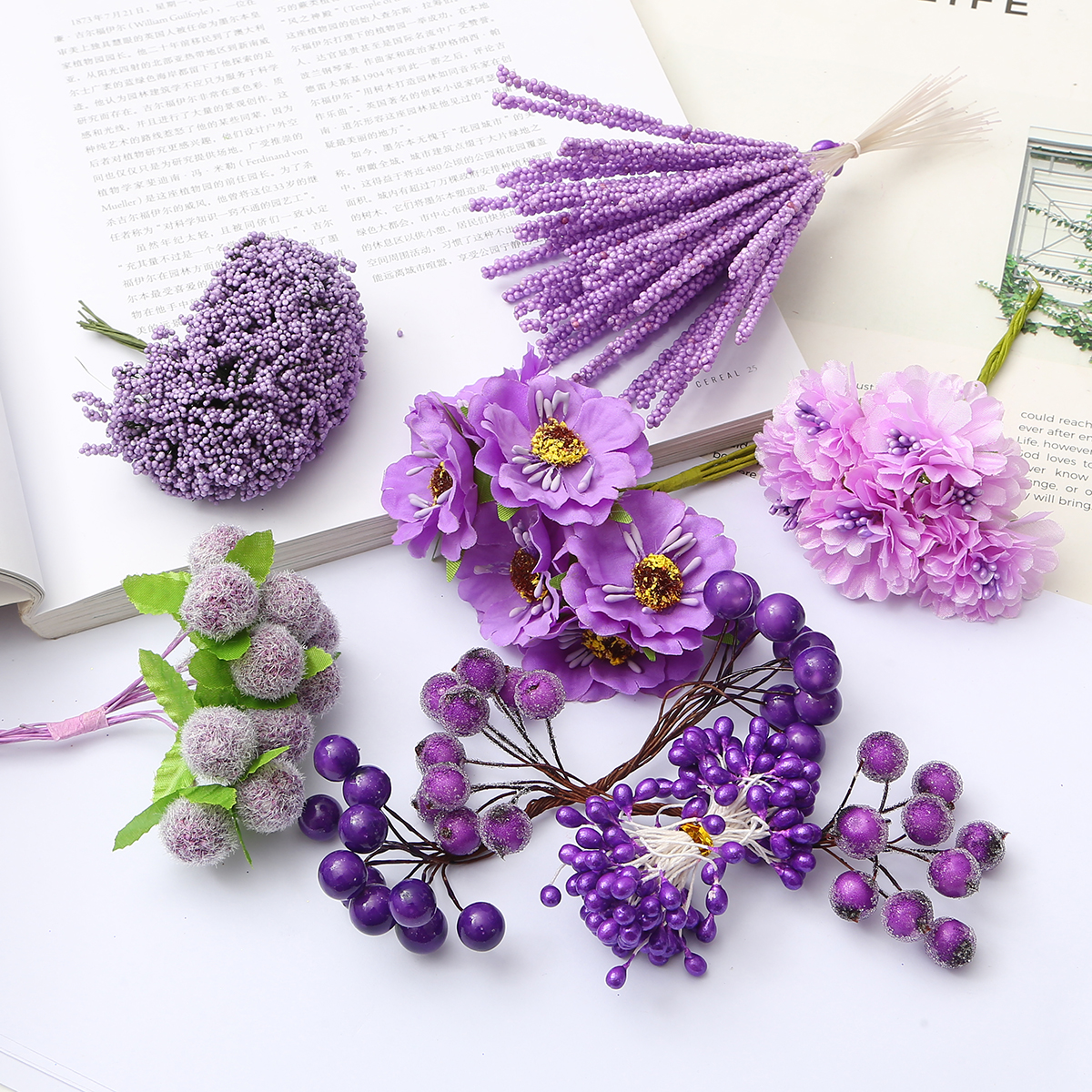 6-90pcs Purple Artificial Hybrid Flower Cherry Stamen Berries Bundle DIY Christmas Wedding Cake Gift Box Wreaths Fake Flower