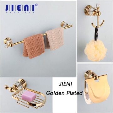 JIENI Golden Plated Bathroom Paper Holder Coat Hook Towel Rack Soap Dish Bath Hardware Set Accessories & Diamond Hardware Set